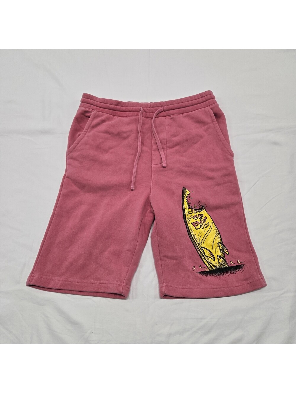 Size SMALL Surf Or Die Salmon Sweatshorts Unisex Red/Pink Surfboard Graphic Y2K